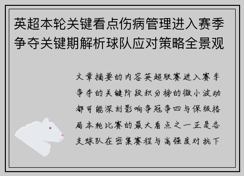 英超本轮关键看点伤病管理进入赛季争夺关键期解析球队应对策略全景观察