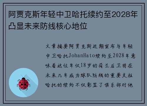 阿贾克斯年轻中卫哈托续约至2028年凸显未来防线核心地位
